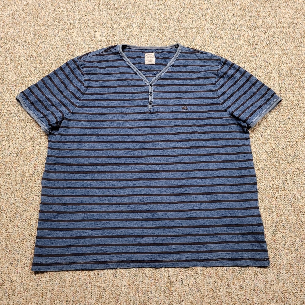 Brooks Brother Shirt Mens 2XL Blue Striped Henley V Neck Pullover Short Sleeve